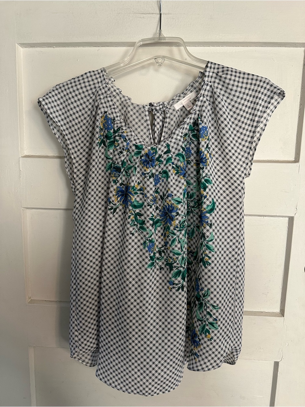 LC Lauren Conrad Navy and White Gingham Dress with Blue Floral Accents